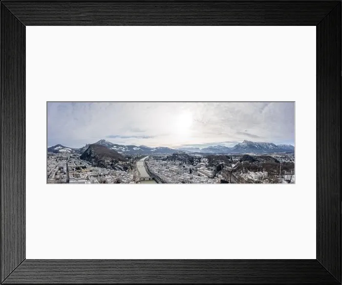 Framed Print : Panoramic aerial drone shot view of snoy Salzburg in winter morning Framed Print : Panoramic aerial drone shot view of snoy Salzburg in winter morning