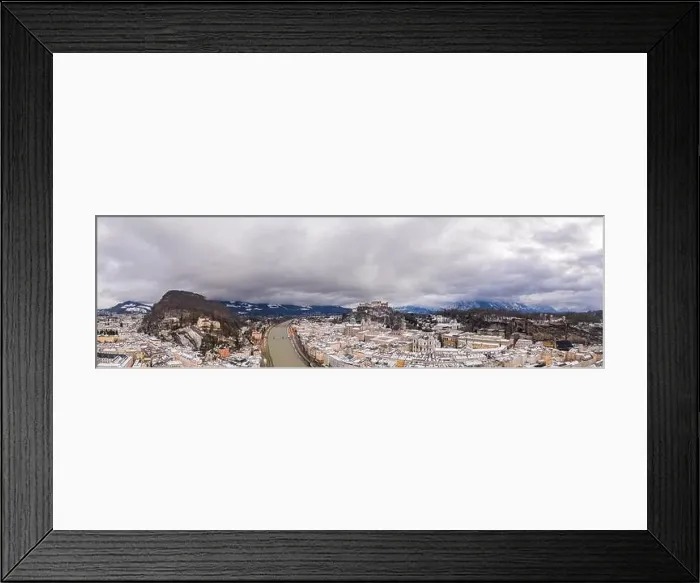 Framed Print : Panoramic aerial drone shot view of Salzburg after sunset in winter with snow Framed Print : Panoramic aerial drone shot view of Salzburg after sunset in winter with snow