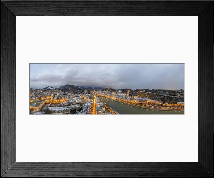 Framed Print : Panoramic aerial drone view of Salzburg snowy old town with city light on at dusk hour in winter Framed Print : Panoramic aerial drone view of Salzburg snowy old town with city light on at dusk hour in winter