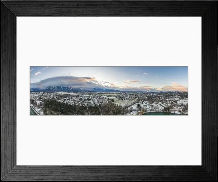Framed Print : Aerial drone shot view of outskirts and austrian alps untersberg with heavy fog in winter Framed Print : Aerial drone shot view of outskirts and austrian alps untersberg with heavy fog in winter