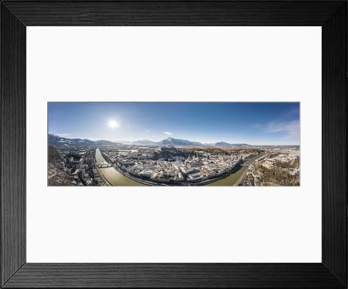 Framed Print : Panoramic aerial drone view of snowy Salzburg old town with river and Unesberg mountain in winter morning Framed Print : Panoramic aerial drone view of snowy Salzburg old town with river and Unesberg mountain in winter morning