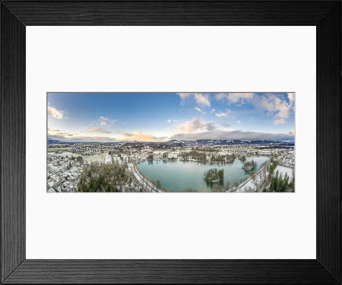 Framed Print : Aerial drone shot view of Leopoldskroner lake southwest of outskirts of Salzburg during winter Framed Print : Aerial drone shot view of Leopoldskroner lake southwest of outskirts of Salzburg during winter