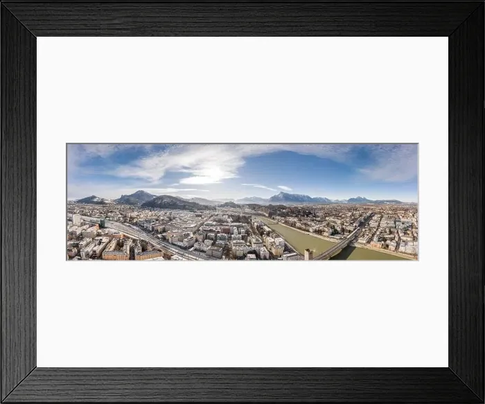 Framed Print : Panoramic aerial drone view of snowy Salzburg old town with river and Unesberg mountain in winter morning Framed Print : Panoramic aerial drone view of snowy Salzburg old town with river and Unesberg mountain in winter morning