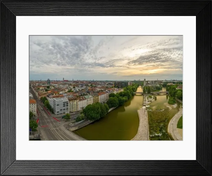 Framed Print : Munich view from a drone at the sunrise includes the Isar river and some popular landmarks Framed Print : Munich view from a drone at the sunrise includes the Isar river and some popular landmarks