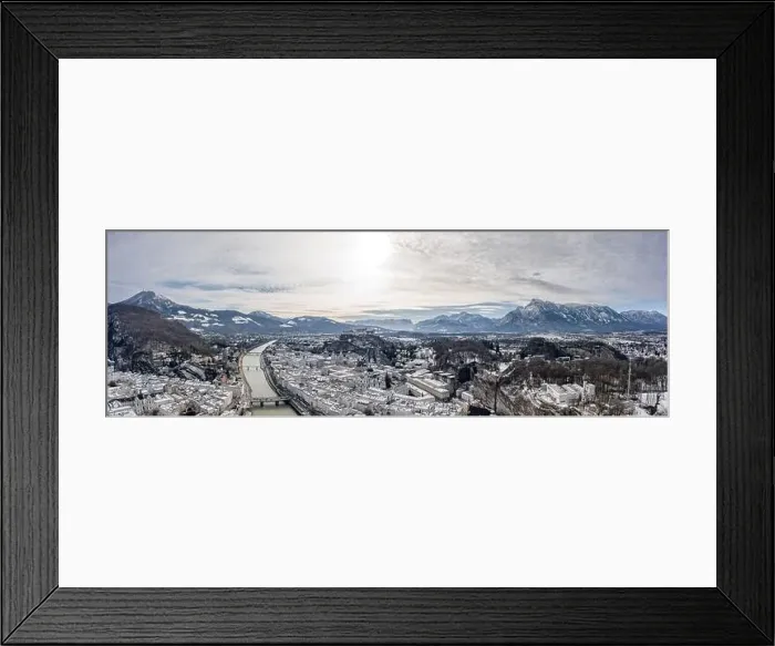 Framed Print : Panoramic aerial drone shot view of snoy Salzburg in winter morning Framed Print : Panoramic aerial drone shot view of snoy Salzburg in winter morning
