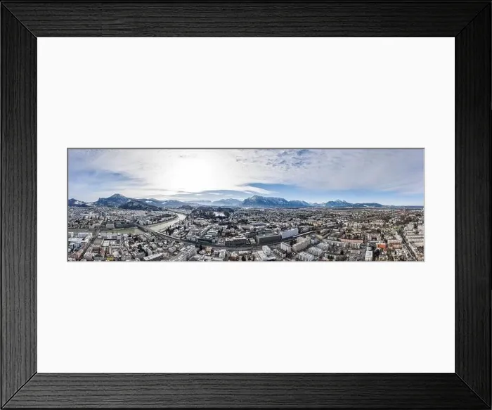 Framed Print : Panoramic aerial drone shot view of Salzburg aiglhof station with view of eastern bavarian alps mountain