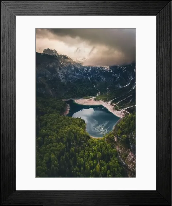 Framed Print : mountain lake gosau aerial drone view in summer Framed Print : mountain lake gosau aerial drone view in summer