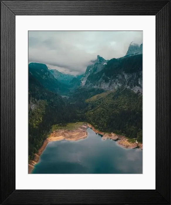 Framed Print : mountain lake gosau aerial drone view in summer Framed Print : mountain lake gosau aerial drone view in summer