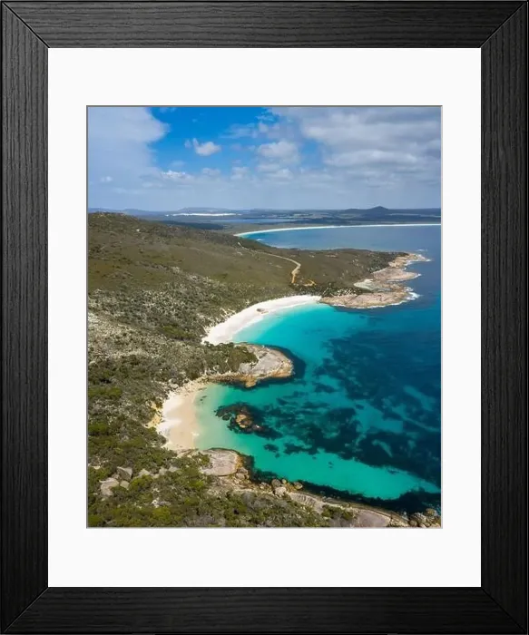 Framed Print : Overhead three quarter view of Waterfall Beach next to the more famous Little Beach in Western Australia Framed Print : Overhead three quarter view of Waterfall Beach next to the more famous Little Beach in Western Australia