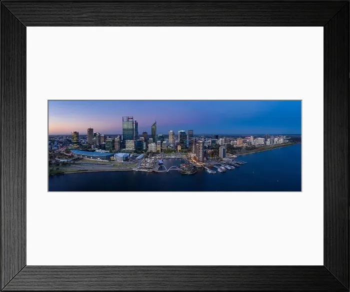 Framed Print : Perth Australia November 5th 2019: Aerial panoramic view of the beautiful city of Perth on the Swan river at dusk Framed Print : Perth Australia November 5th 2019: Aerial panoramic view of the beautiful city of Perth on the Swan river at dusk