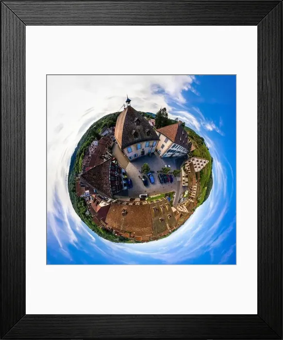 Framed Print : Abstract image of a small planet. Taken from the drone. Circular panorama. France Framed Print : Abstract image of a small planet. Taken from the drone. Circular panorama. France