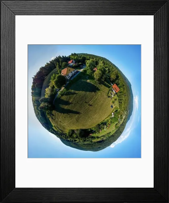 Framed Print : Abstract image of a small planet. Taken from the drone. Circular panorama. France Framed Print : Abstract image of a small planet. Taken from the drone. Circular panorama. France