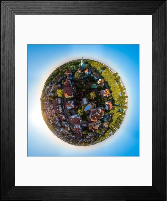 Framed Print : Abstract image of a small planet. Taken from the drone. Circular panorama. France Framed Print : Abstract image of a small planet. Taken from the drone. Circular panorama. France