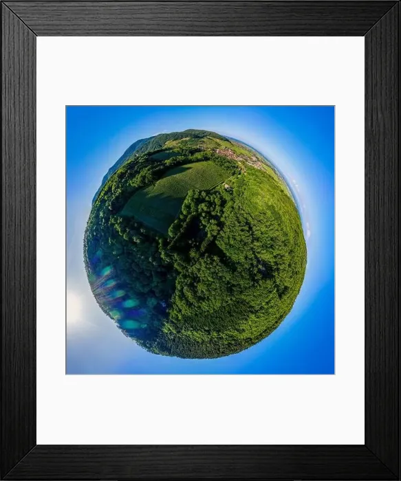 Framed Print : Abstract image of a small planet. Taken from the drone. Circular panorama. France Framed Print : Abstract image of a small planet. Taken from the drone. Circular panorama. France