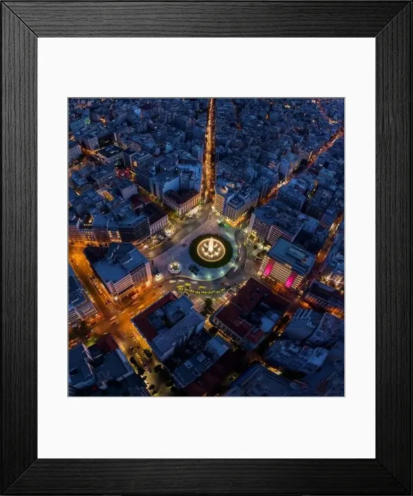 Framed Print : Omonia square aerial view at night time, Athens city center view from the sky. Aerial drone view of night Athens, Greece Framed Print : Omonia square aerial view at night time, Athens city center view from the sky. Aerial drone view of night Athens, Greece