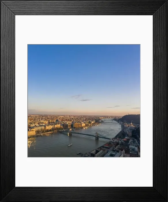 Framed Print : Aerial drone view of Danube river with bridges in Budapest during sunset hour Framed Print : Aerial drone view of Danube river with bridges in Budapest during sunset hour