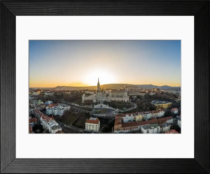 Framed Print : Aerial drone shot of Fisherman's Bastion on Buda Hill in Budapest sunset Framed Print : Aerial drone shot of Fisherman's Bastion on Buda Hill in Budapest sunset