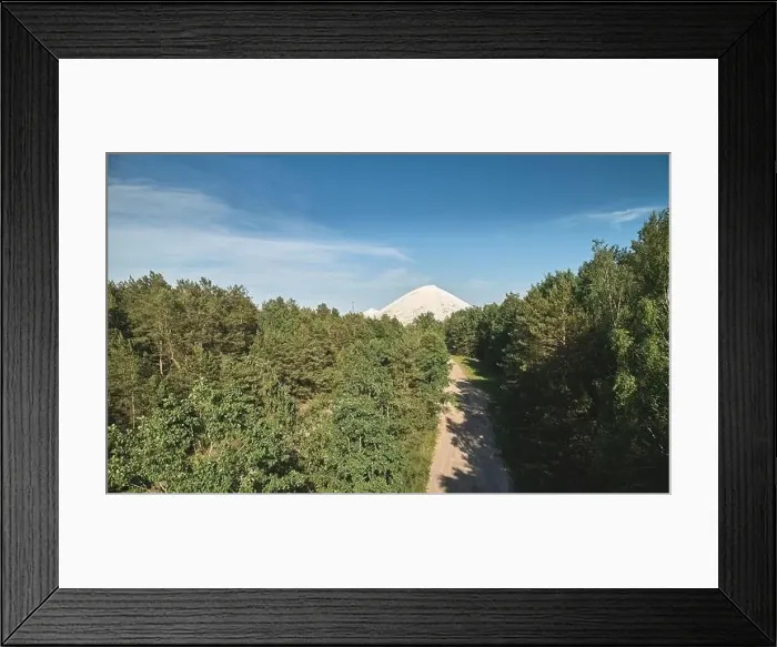 Framed Print : Industrial waste in green surround above drone view on blue sky background Framed Print : Industrial waste in green surround above drone view on blue sky background