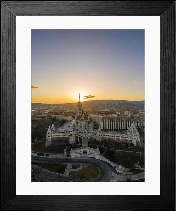 Framed Print : Aerial drone shot of Fisherman's Bastion on Buda Hill in Budapest sunset Framed Print : Aerial drone shot of Fisherman's Bastion on Buda Hill in Budapest sunset