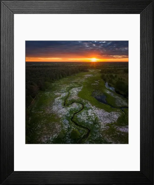 Framed Print : Aerial view of meandering Wymakracz river in sunset light, Poland Framed Print : Aerial view of meandering Wymakracz river in sunset light, Poland