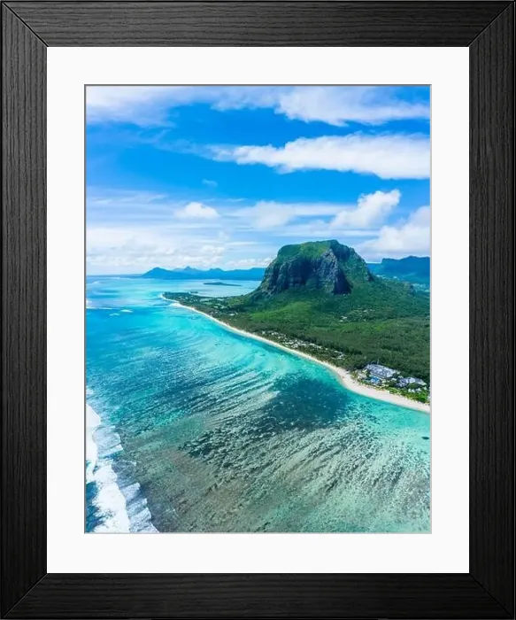 Framed Print : Aerial panoramic view of Mauritius island - Detail of Le Morne Brabant mountain with underwater waterfall perspective