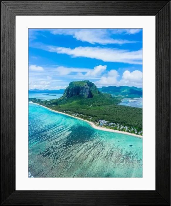 Framed Print : Aerial panoramic view of Mauritius island - Detail of Le Morne Brabant mountain with underwater waterfall perspective Framed Print : Aerial panoramic view of Mauritius island - Detail of Le Morne Brabant mountain with underwater waterfall perspective