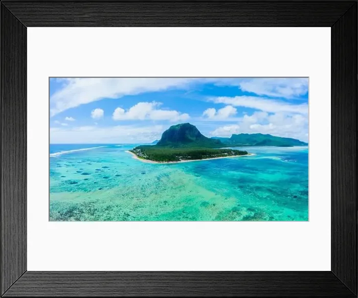 Framed Print : Aerial panoramic view of Mauritius island - Detail of Le Morne Brabant mountain with underwater waterfall perspective Framed Print : Aerial panoramic view of Mauritius island - Detail of Le Morne Brabant mountain with underwater waterfall perspective
