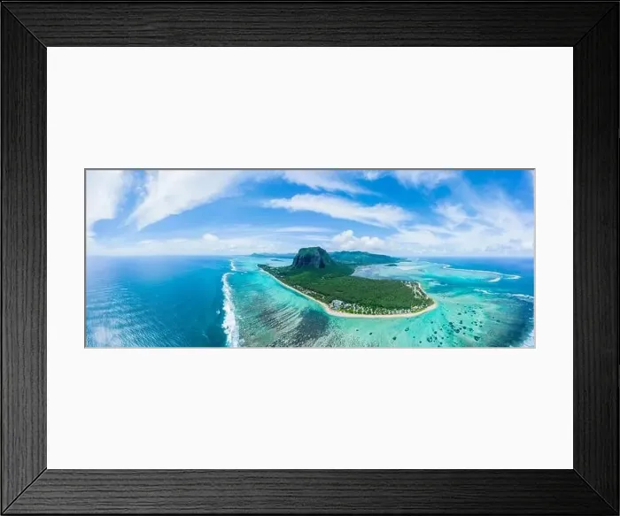 Framed Print : Aerial panoramic view of Mauritius island - Detail of Le Morne Brabant mountain with underwater waterfall perspective Framed Print : Aerial panoramic view of Mauritius island - Detail of Le Morne Brabant mountain with underwater waterfall perspective