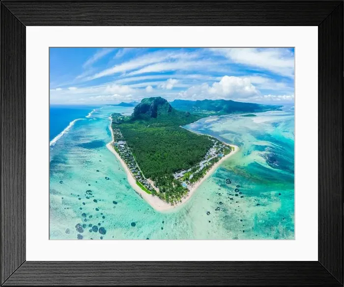 Framed Print : Aerial panoramic view of Mauritius island - Detail of Le Morne Brabant mountain with underwater waterfall perspective Framed Print : Aerial panoramic view of Mauritius island - Detail of Le Morne Brabant mountain with underwater waterfall perspective