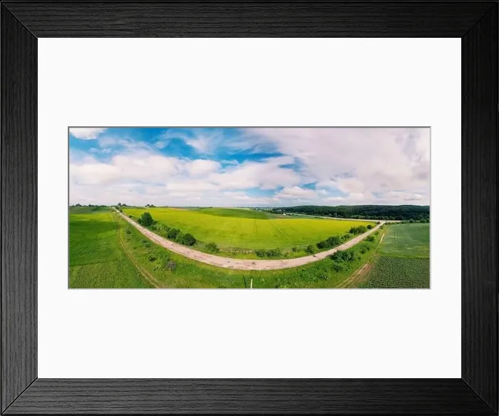 Framed Print : Summer rural landscape, aerial view. View of green fields, forest, village and highway Framed Print : Summer rural landscape, aerial view. View of green fields, forest, village and highway