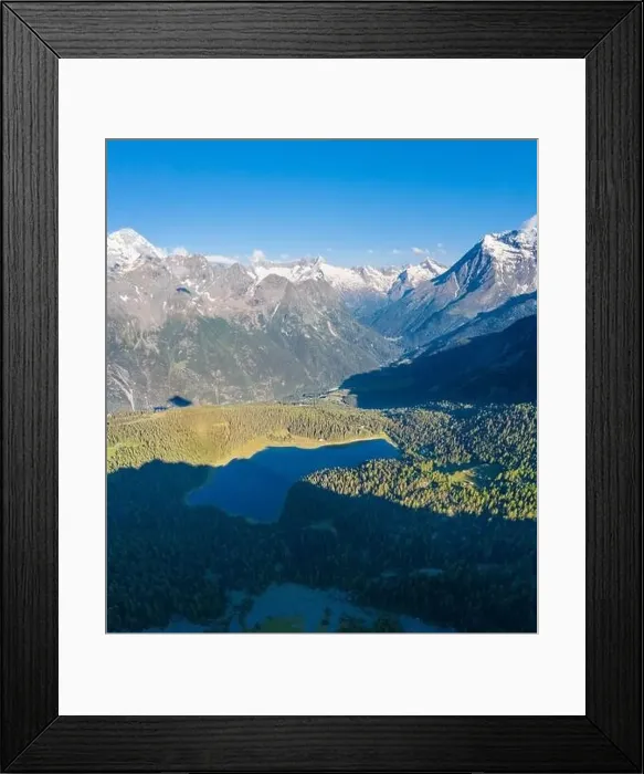 Framed Print : Valmalenco, alpine valley with Palù lake and wood in the summer season Framed Print : Valmalenco, alpine valley with Palù lake and wood in the summer season