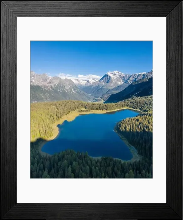 Framed Print : Valtellina, lake Palù in Valmalenco. Aerial view from a drone Framed Print : Valtellina, lake Palù in Valmalenco. Aerial view from a drone
