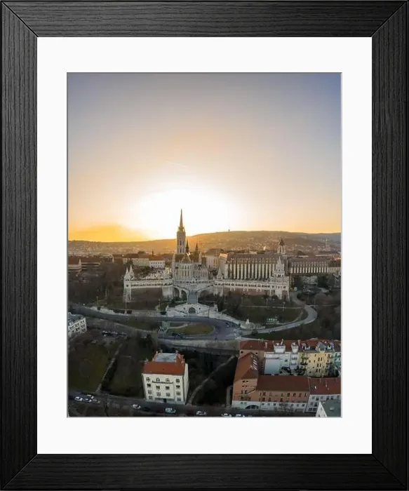 Framed Print : Aerial drone shot of Fisherman's Bastion on Buda Hill in Budapest sunset Framed Print : Aerial drone shot of Fisherman's Bastion on Buda Hill in Budapest sunset