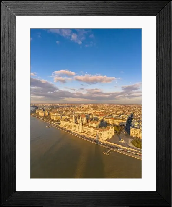 Framed Print : Aerial drone view of Hungarian Parliament by Danube river in Budapest sunset hour Framed Print : Aerial drone view of Hungarian Parliament by Danube river in Budapest sunset hour