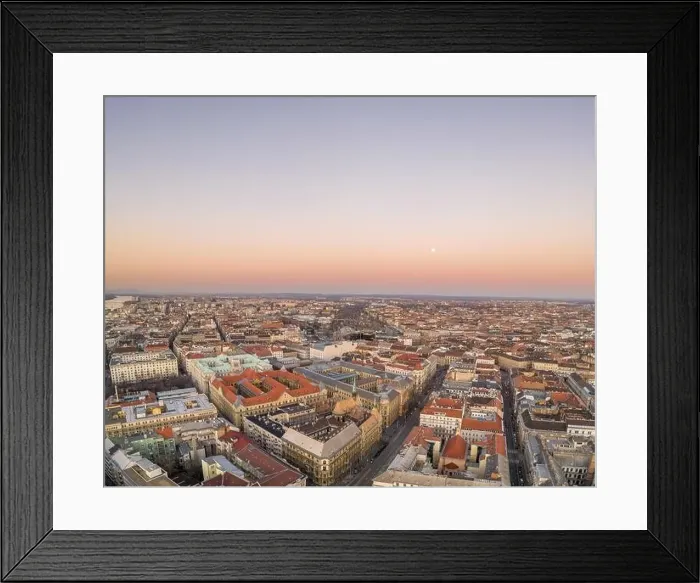 Framed Print : Aerial drone shot of Pest side of Budapest in Hungary during winter sunset hour Framed Print : Aerial drone shot of Pest side of Budapest in Hungary during winter sunset hour