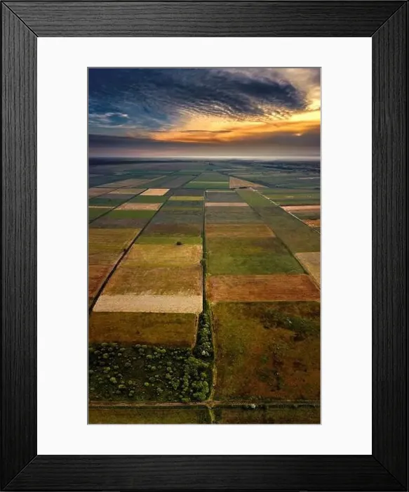 Framed Print : Checkerboard of Pulwy meadows in sunset light, Poland Framed Print : Checkerboard of Pulwy meadows in sunset light, Poland