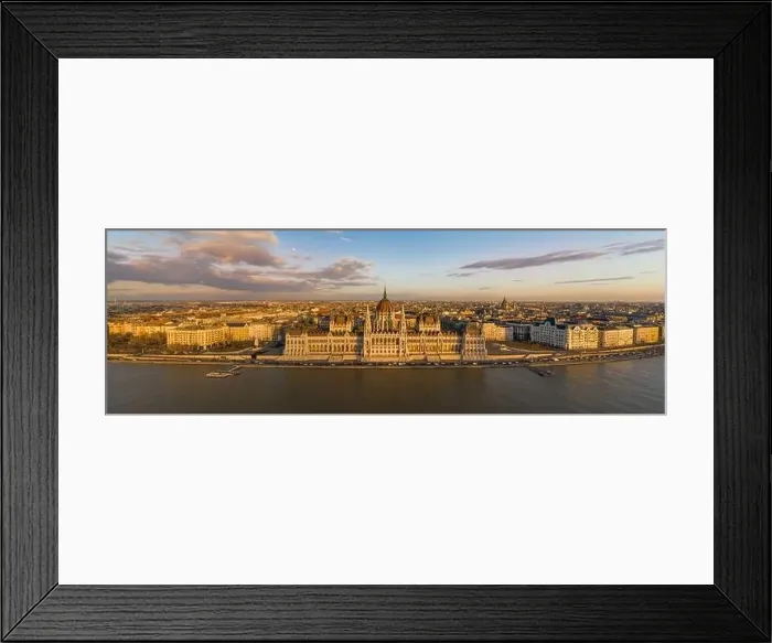 Framed Print : Panorama aerial drone shot of Hungarian Parliament facade during Budapest sunset Framed Print : Panorama aerial drone shot of Hungarian Parliament facade during Budapest sunset