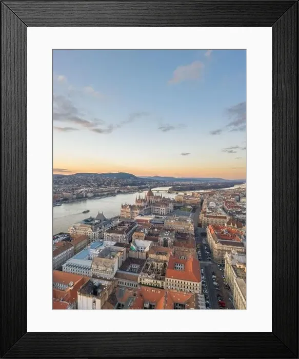 Framed Print : Aerial drone shot of Hungarian Parliament Kossuth Square by Danube river in Budapest sunset Framed Print : Aerial drone shot of Hungarian Parliament Kossuth Square by Danube river in Budapest sunset