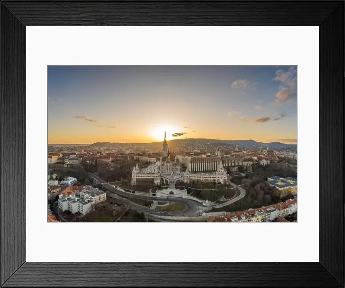 Framed Print : Aerial drone shot of Fisherman's Bastion on Buda Hill in Budapest sunset Framed Print : Aerial drone shot of Fisherman's Bastion on Buda Hill in Budapest sunset