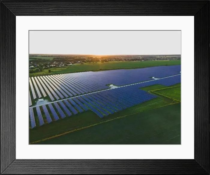 Framed Print : Aerial drone view of large solar panels at a solar farm at bright summer sunset. Solar cell power plants, colorful photo Framed Print : Aerial drone view of large solar panels at a solar farm at bright summer sunset. Solar cell power plants, colorful photo