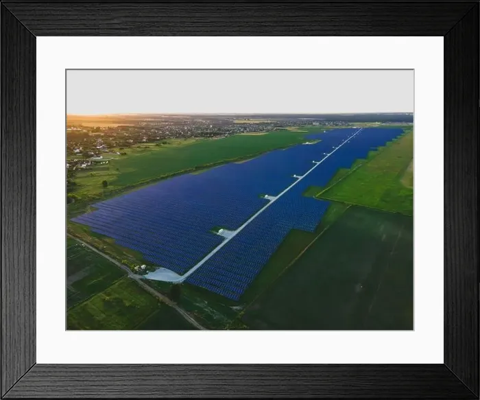 Framed Print : Aerial drone view of large solar panels at a solar farm at bright summer sunset. Solar cell power plants, colorful photo Framed Print : Aerial drone view of large solar panels at a solar farm at bright summer sunset. Solar cell power plants, colorful photo