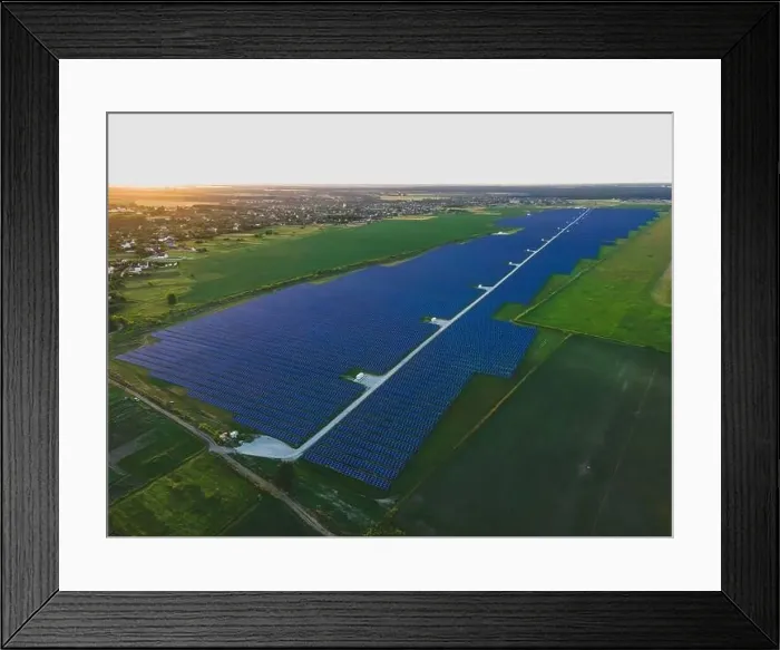 Framed Print : Aerial drone view of large solar panels at a solar farm at bright summer sunset. Solar cell power plants, colorful photo Framed Print : Aerial drone view of large solar panels at a solar farm at bright summer sunset. Solar cell power plants, colorful photo