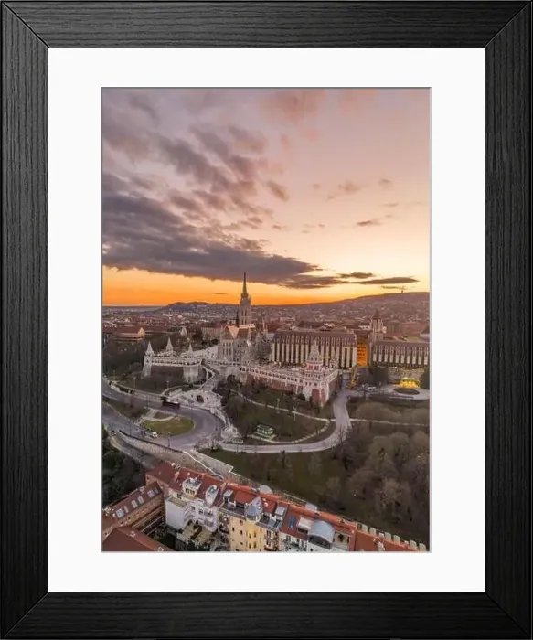 Framed Print : Aerial drone shot of Fisherman's Bastion on Buda Hill in Budapest sunset Framed Print : Aerial drone shot of Fisherman's Bastion on Buda Hill in Budapest sunset