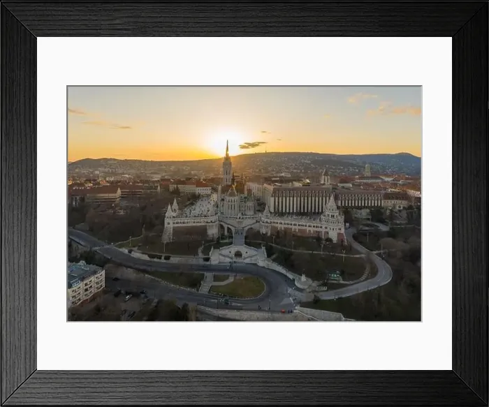 Framed Print : Aerial drone shot of Matthias Church Fisherman's Bastion on Buda Hill in Budapest sunset Framed Print : Aerial drone shot of Matthias Church Fisherman's Bastion on Buda Hill in Budapest sunset