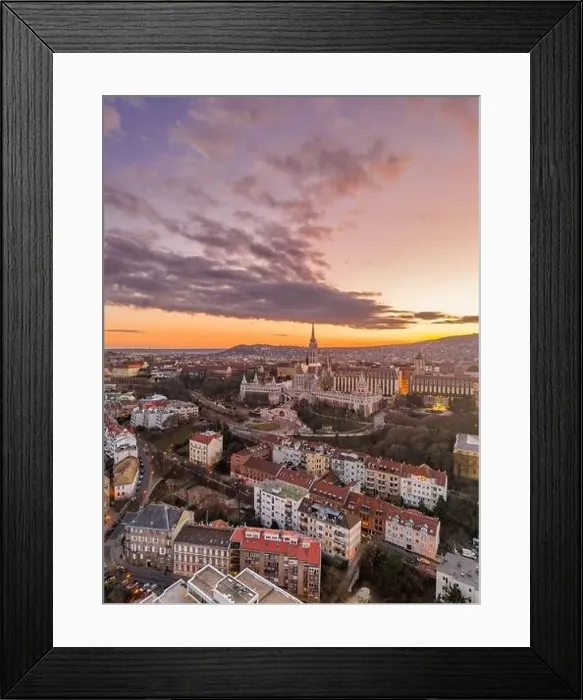 Framed Print : Aerial drone shot of Matthias Church Fisherman's Bastion on Buda Hill in Budapest sunset time Framed Print : Aerial drone shot of Matthias Church Fisherman's Bastion on Buda Hill in Budapest sunset time