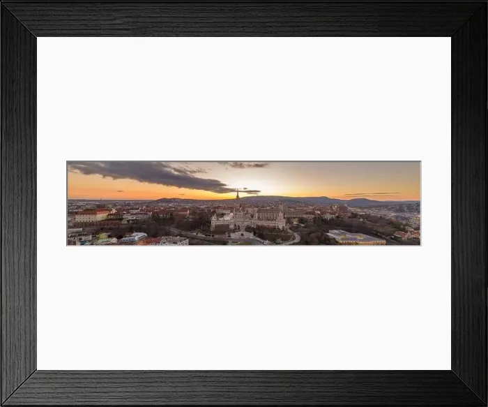 Framed Print : Aerial panorama drone shot of Fisherman's Bastion on Buda Hill in Budapest sunset time