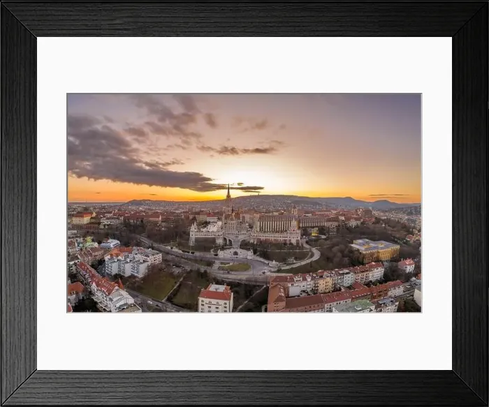 Framed Print : Aerial drone shot of Fisherman's Bastion on Buda Hill in Budapest sunset Framed Print : Aerial drone shot of Fisherman's Bastion on Buda Hill in Budapest sunset