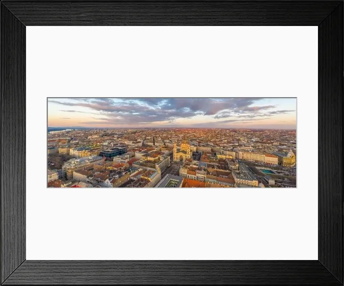 Framed Print : Panoramic aerial drone shot of St. Stephen Basilica during Budapest sunset hour in winter Framed Print : Panoramic aerial drone shot of St. Stephen Basilica during Budapest sunset hour in winter