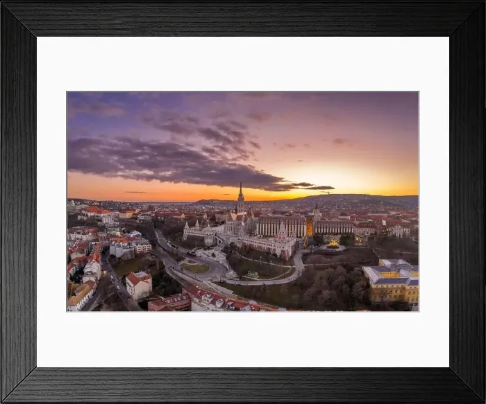 Framed Print : Aerial drone shot of Matthias Church Fisherman's Bastion on Buda Hill in Budapest sunset time Framed Print : Aerial drone shot of Matthias Church Fisherman's Bastion on Buda Hill in Budapest sunset time