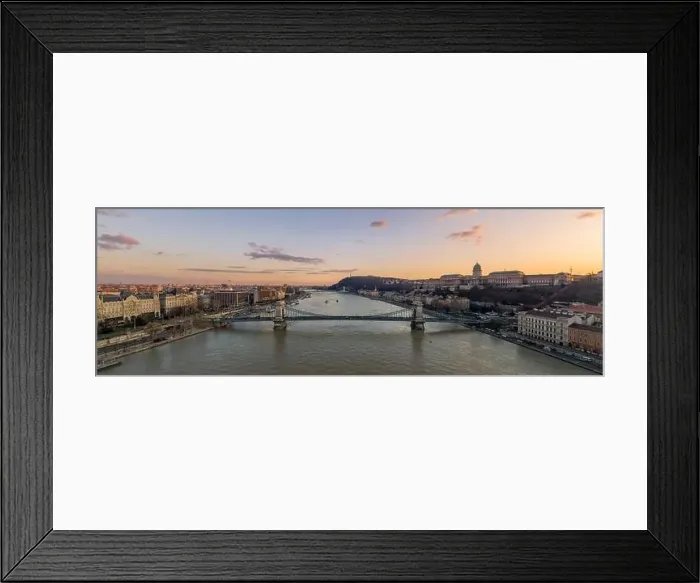 Framed Print : Aerial Panoramic drone shot of chain bridge over Danube river during Budapest sunset time Framed Print : Aerial Panoramic drone shot of chain bridge over Danube river during Budapest sunset time